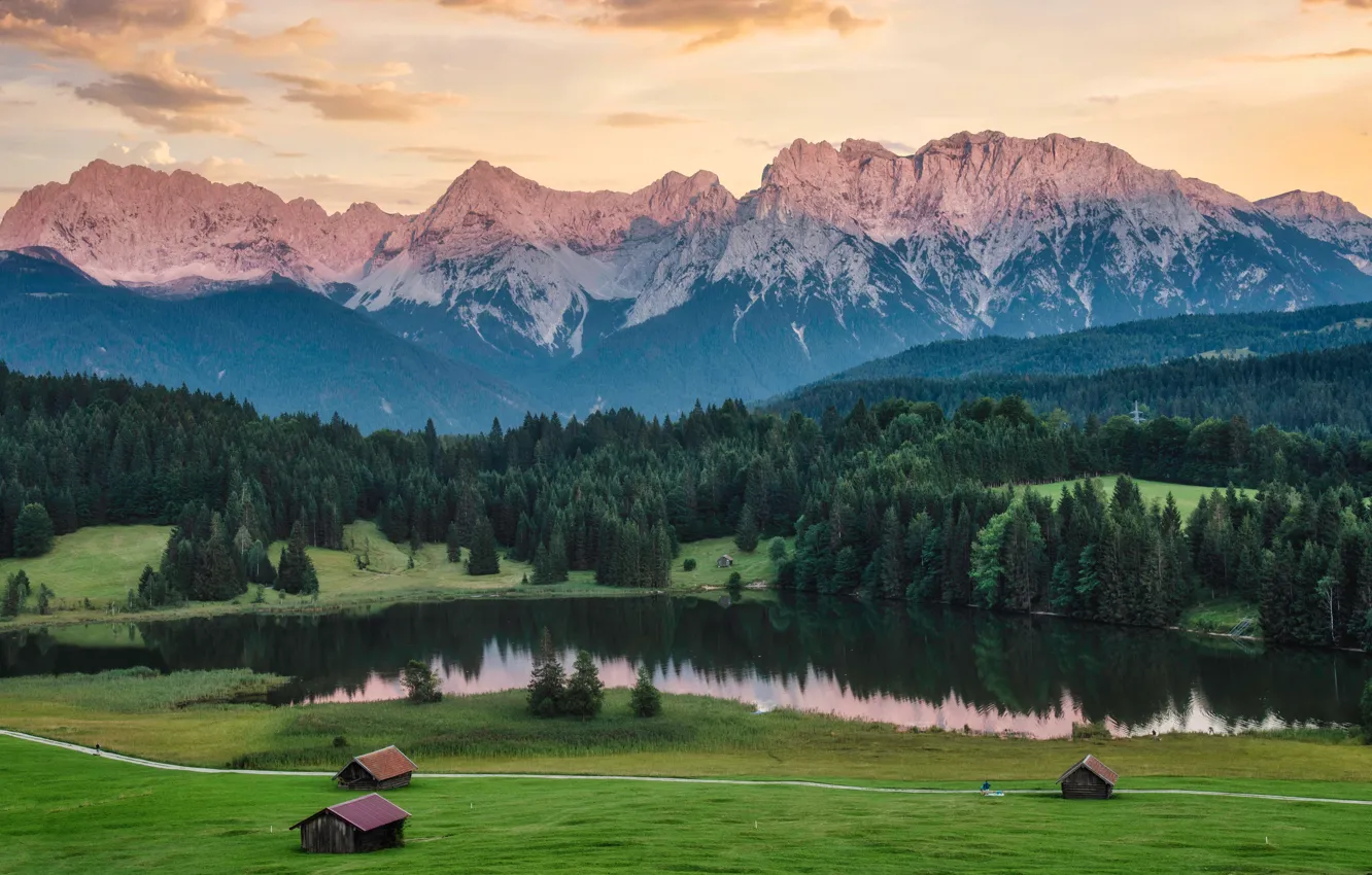 Photo wallpaper field, forest, the sky, mountains, lake, shore, tops, ate