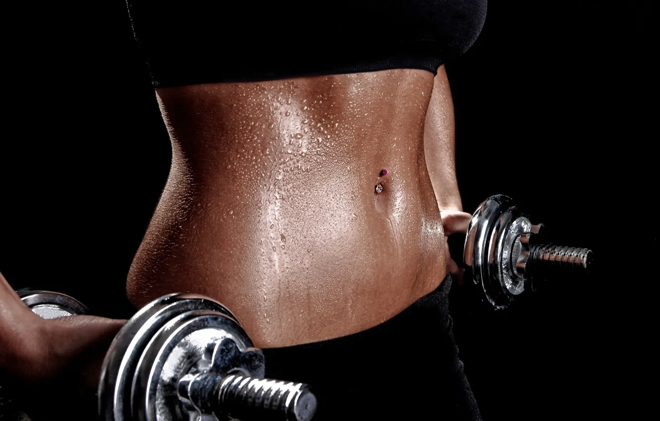 Photo wallpaper metal, gym, pircing, dumbbells, perspiration