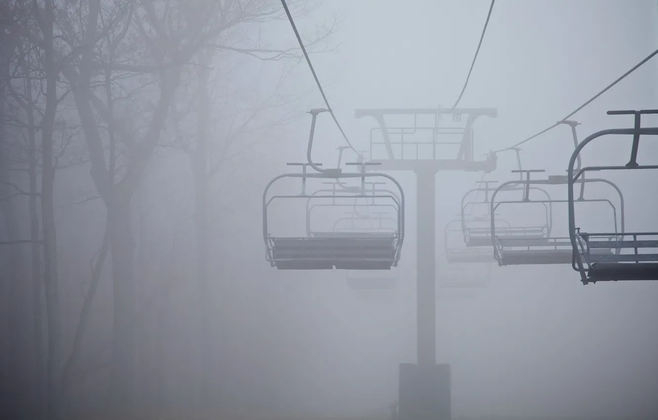 Photo wallpaper landscape, fog, cable car