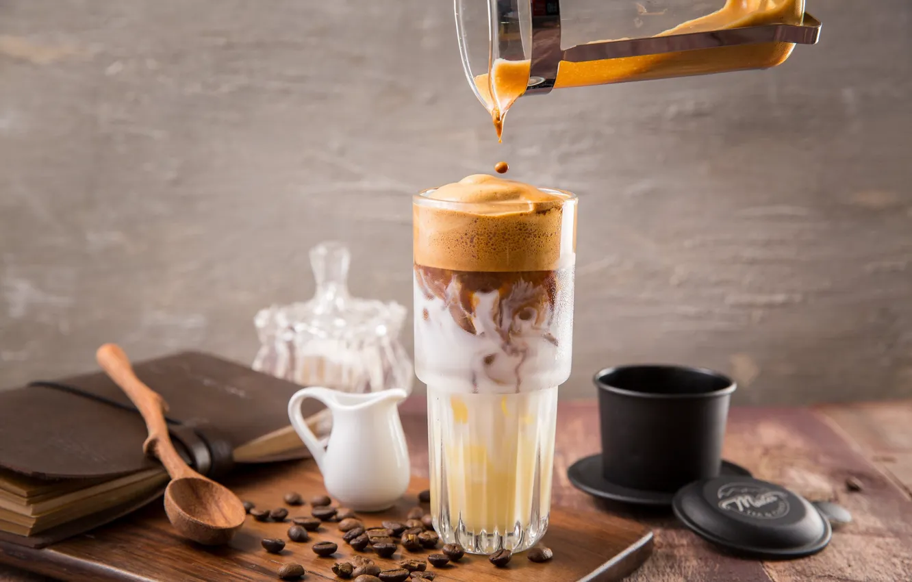 Photo wallpaper glass, coffee, coffee beans, foam