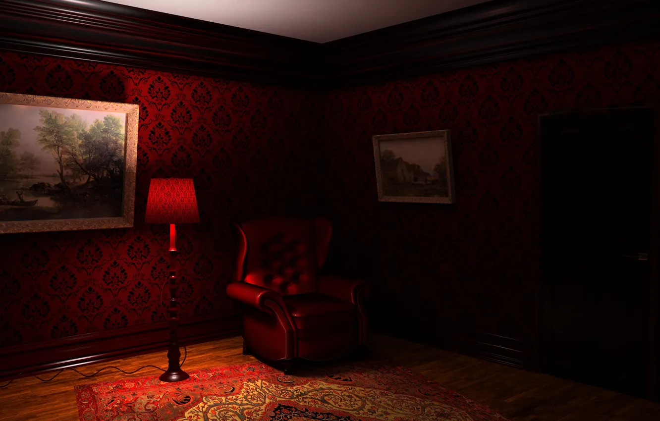 Photo wallpaper light, night, room, carpet, lamp, chair