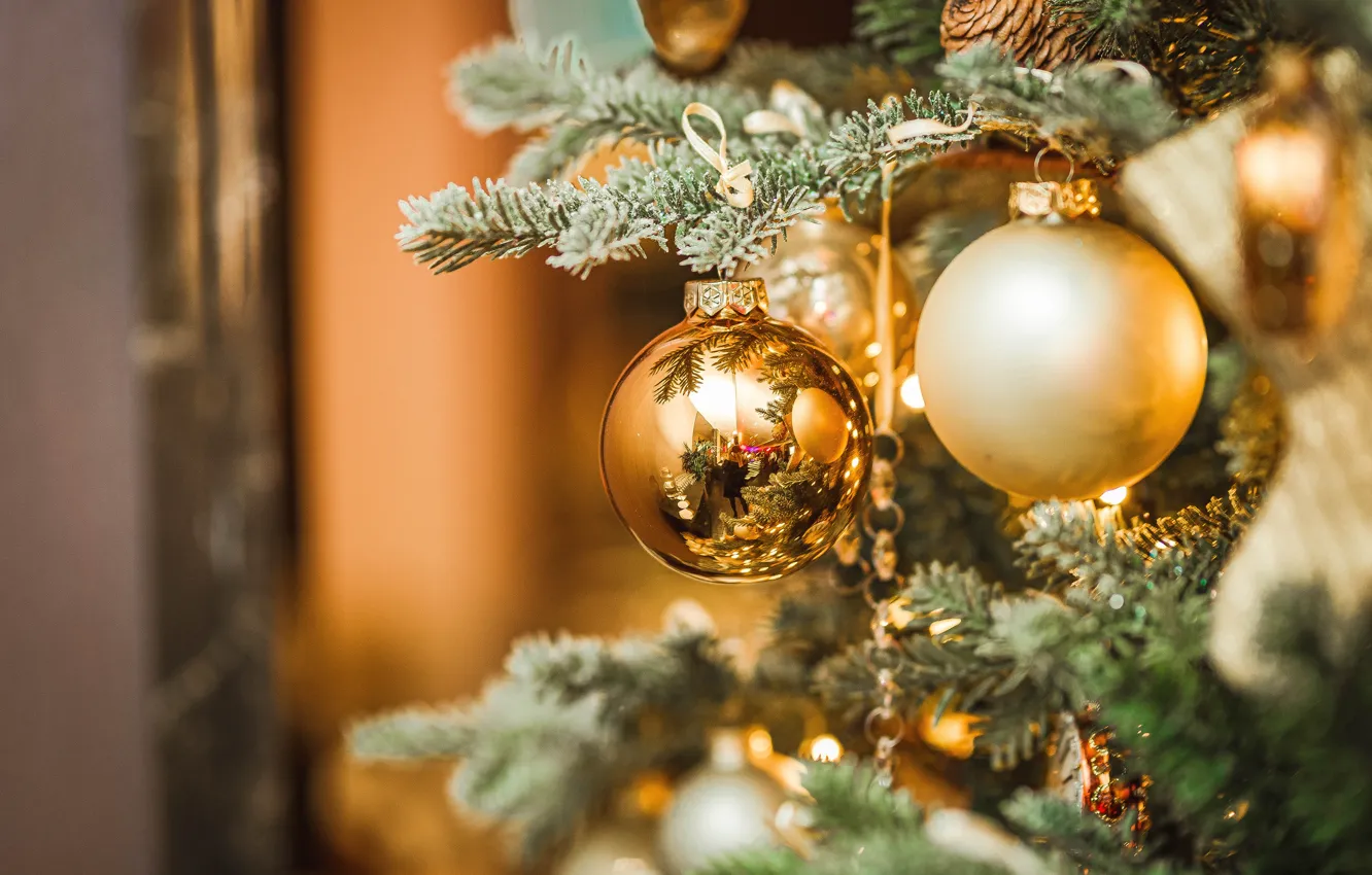 Photo wallpaper balls, balls, spruce, Christmas, New year, tree