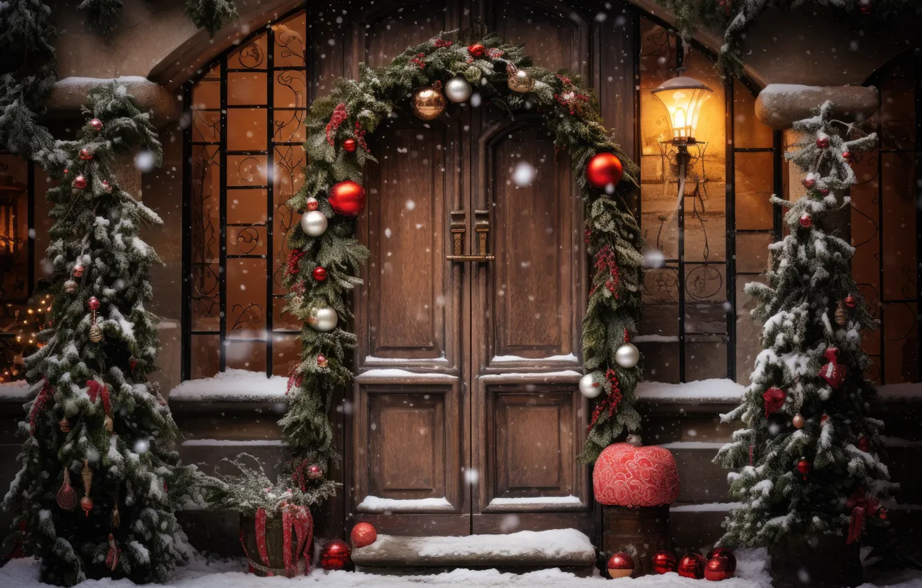 Photo wallpaper winter, frost, balls, light, snow, branches, comfort, new year