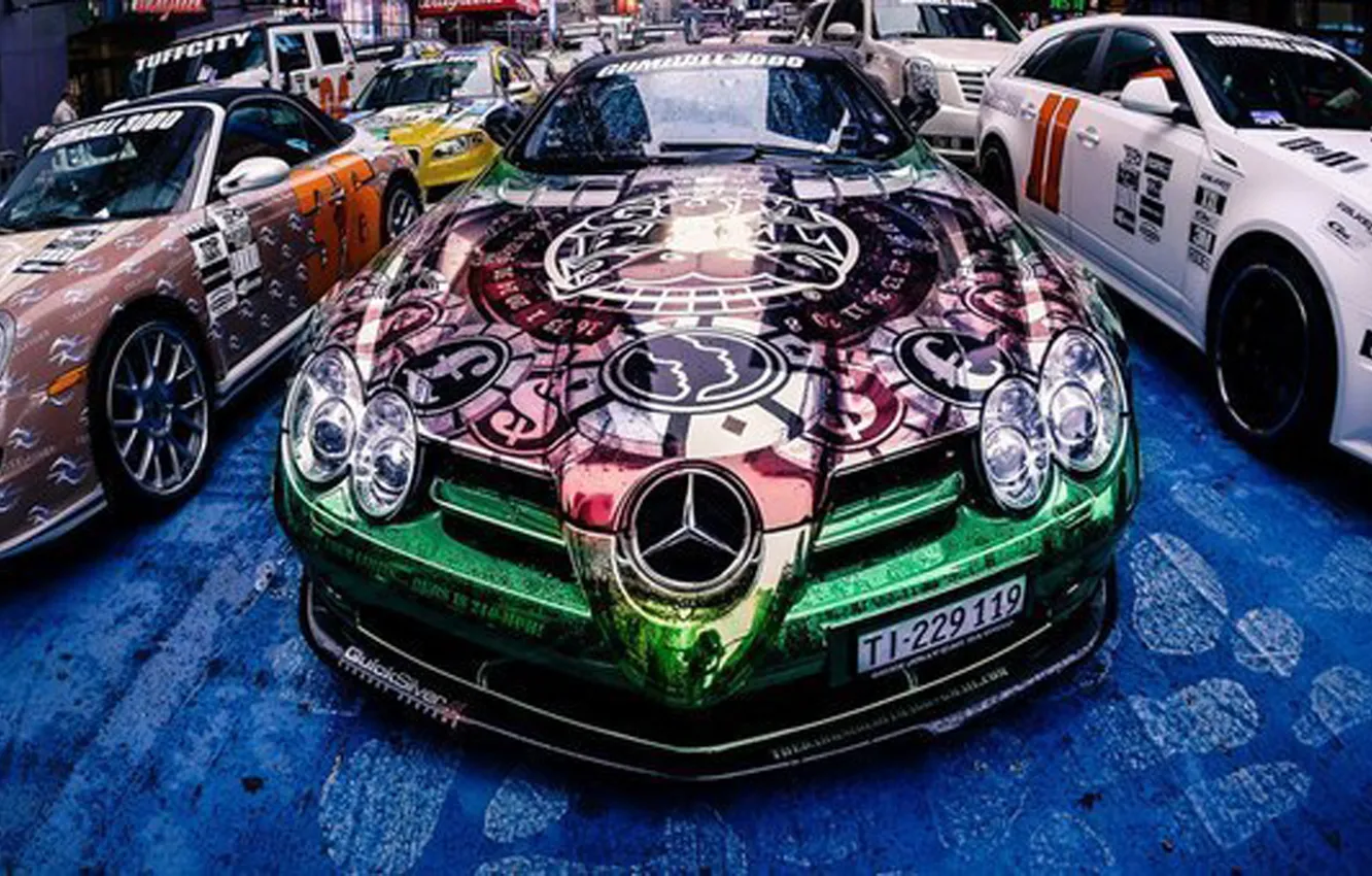 Photo wallpaper machine, Porsche, Mercedes, grafiti