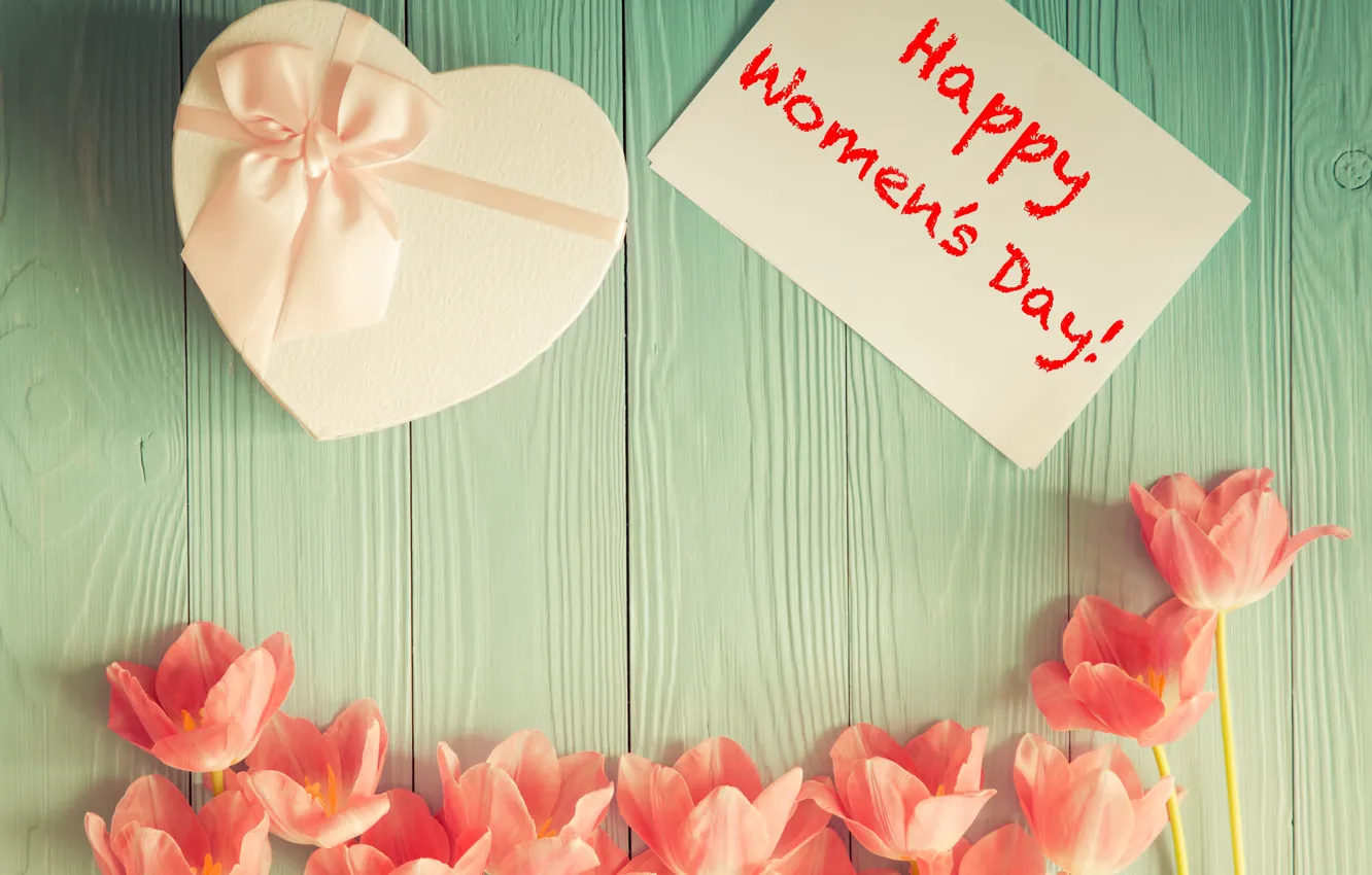 Photo wallpaper holiday, gift, the inscription, tulips, March 8, Happy Women's Day