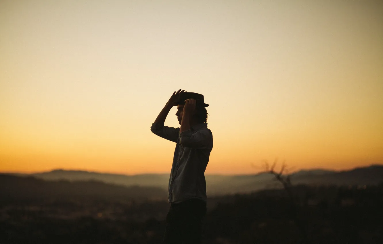 Photo wallpaper twilight, hat, sunset, man, dusk