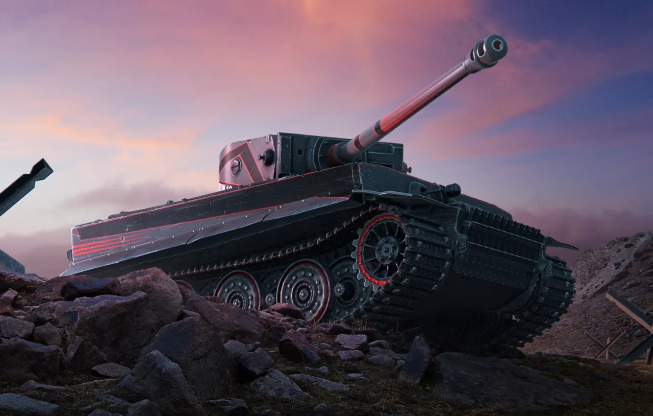 Photo wallpaper Sunset, The sky, Clouds, Tiger, Stones, Camouflage, World of Tanks, PzKpfw VI Tiger