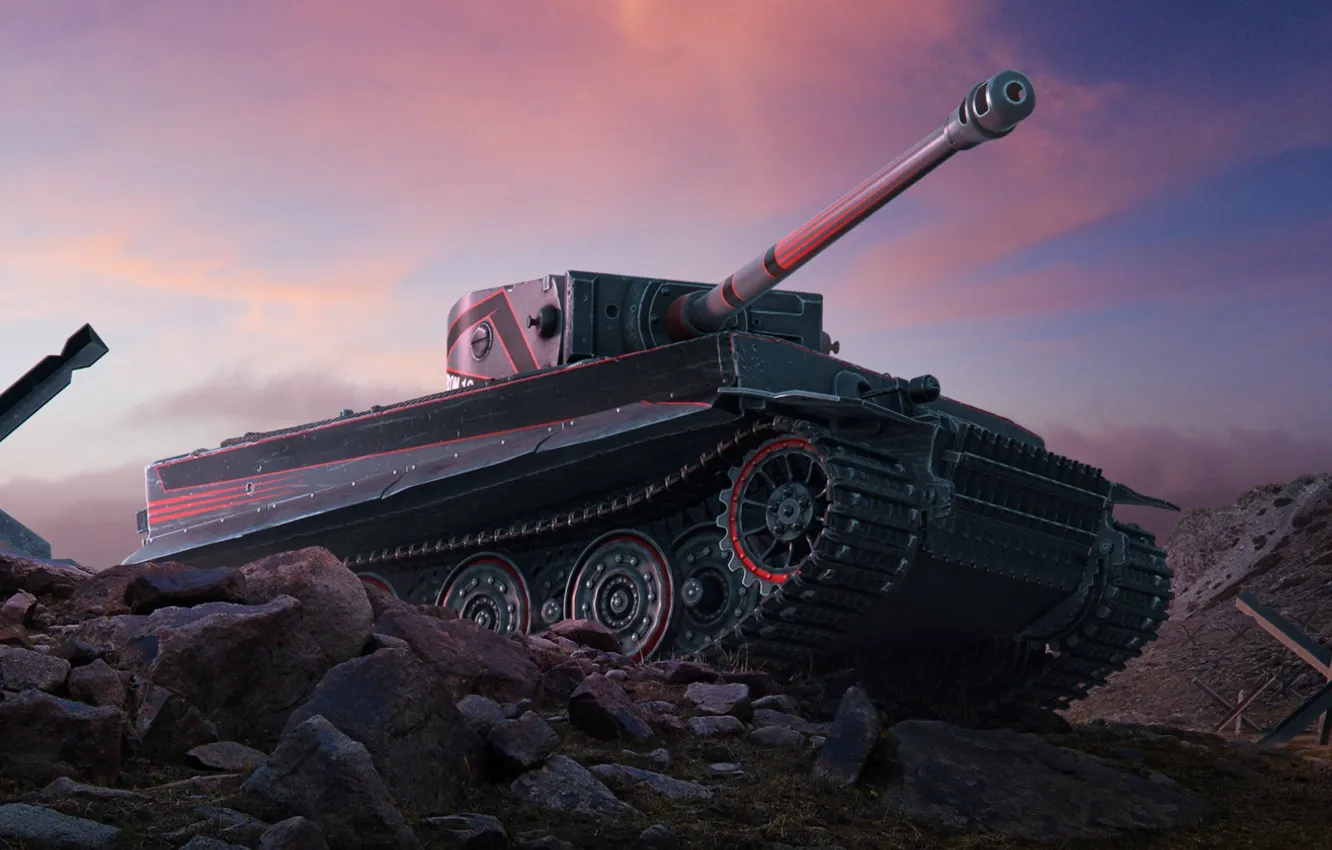 Photo wallpaper the sky, clouds, sunset, tiger, stones, the fence, camouflage, World of Tanks