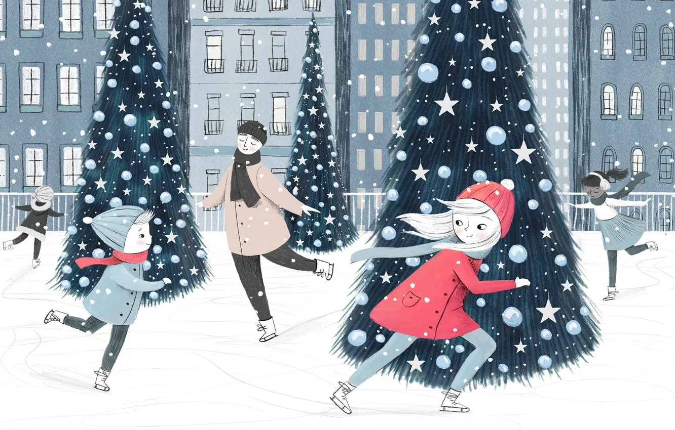 Photo wallpaper winter, New Year, rink, tree