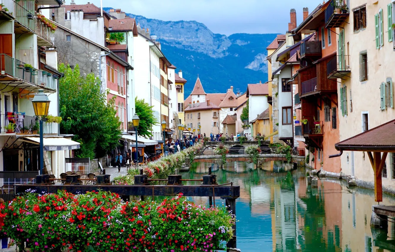 Photo wallpaper flowers, mountains, France, home, Alps, channel, Annecy