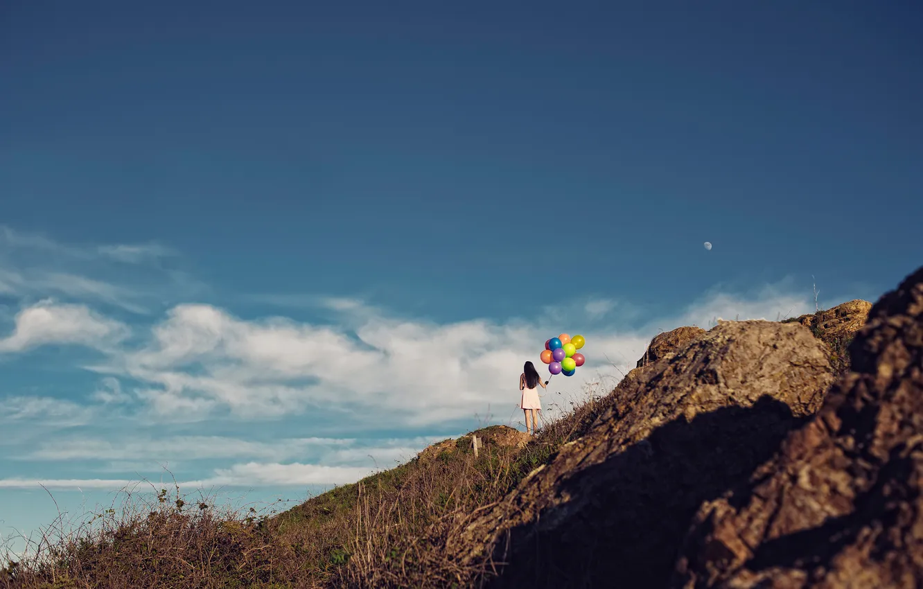 Photo wallpaper the sky, girl, clouds, balls, nature, the moon