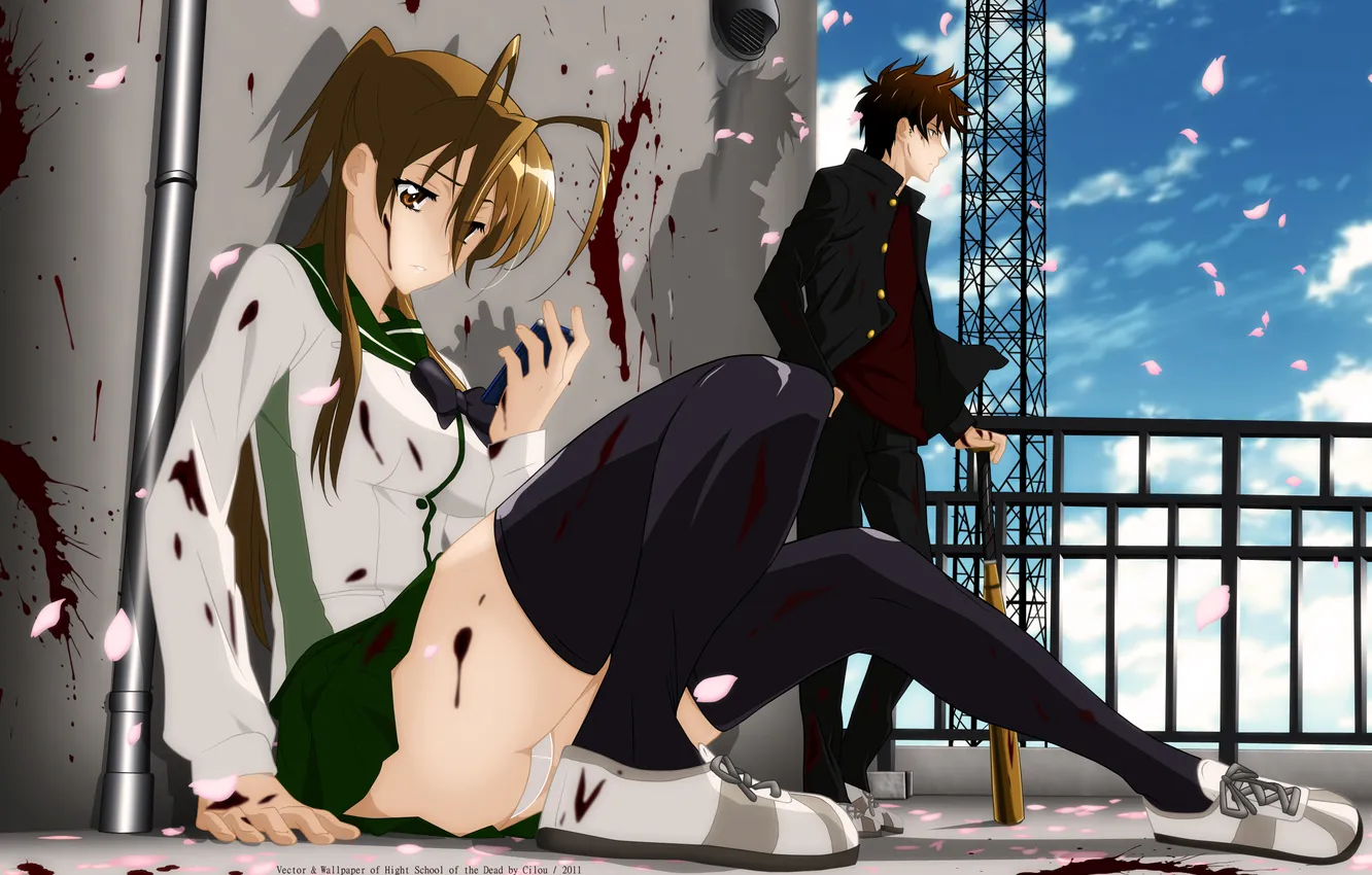 Photo wallpaper blood, petals, bit, Highschool of the Dead, as takashi, Miyamoto Rei
