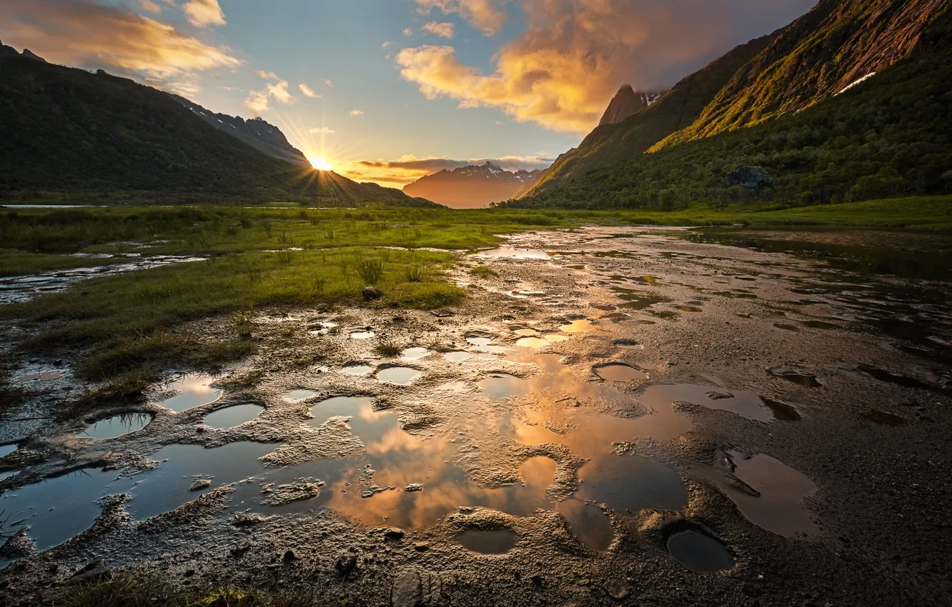Photo wallpaper the sky, the sun, clouds, rays, light, sunset, mountains, reflection