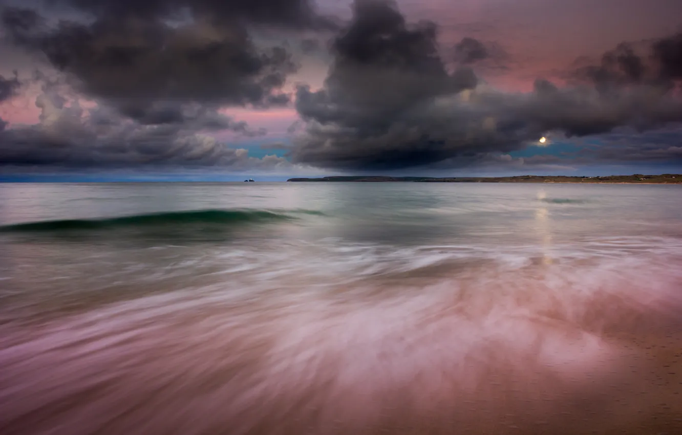 Photo wallpaper sea, the sky, clouds, landscape, sunset, nature, waves, beach