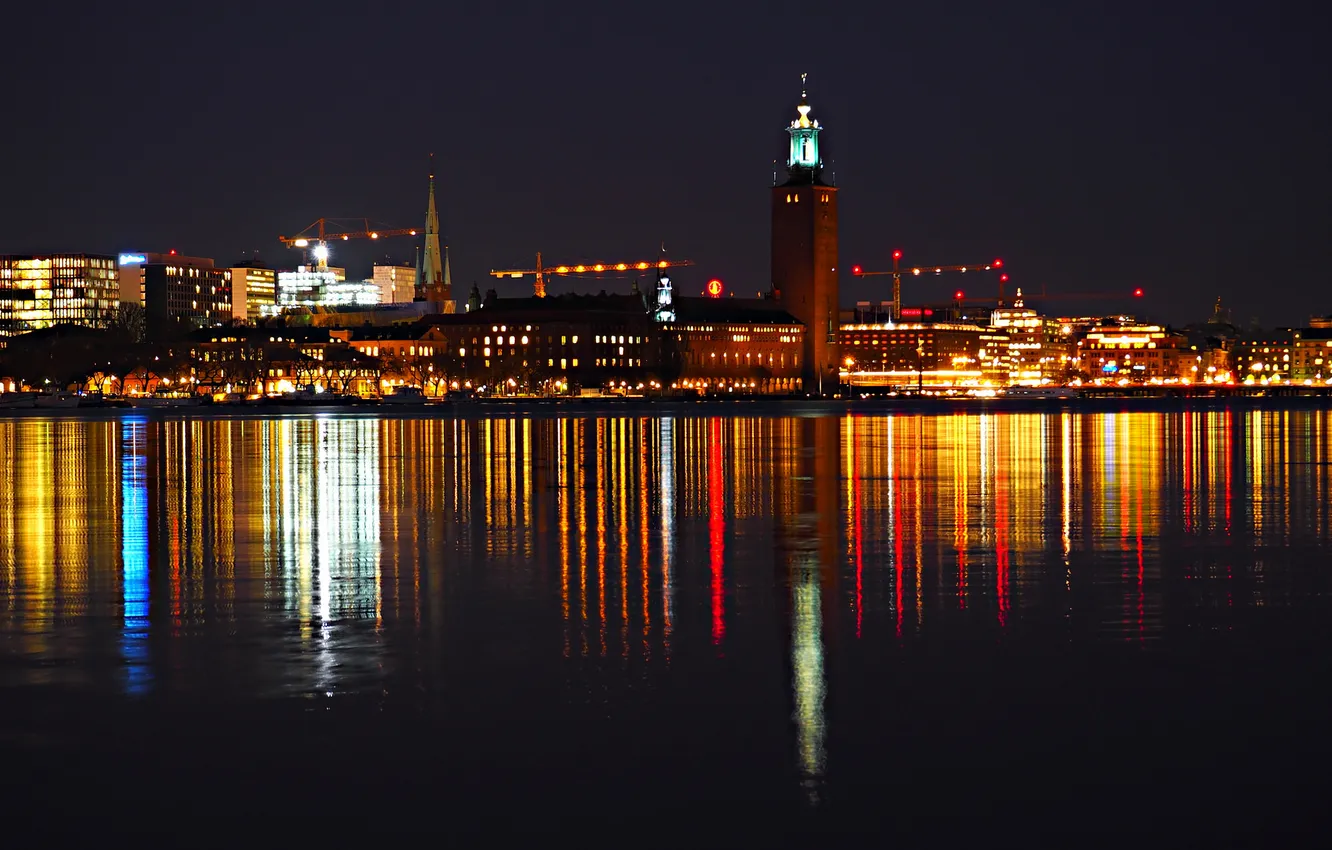 Photo wallpaper night, lights, home, Stockholm, Sweden, harbour