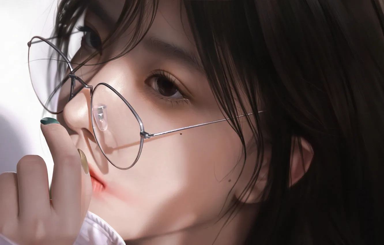 Photo wallpaper face, hand, glasses, Asian, moles, portrait of a girl, by 3d render
