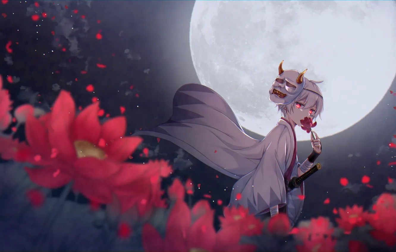 Photo wallpaper katana, petals, cloak, the full moon, priestess, red eyes, the night sky, red flowers