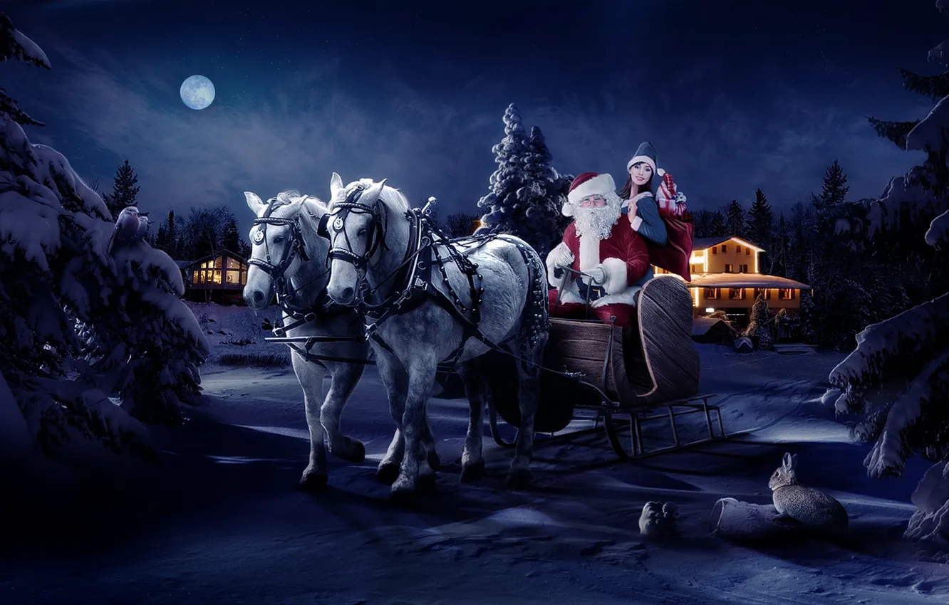 Photo wallpaper night, the moon, new year, horse, Santa Claus