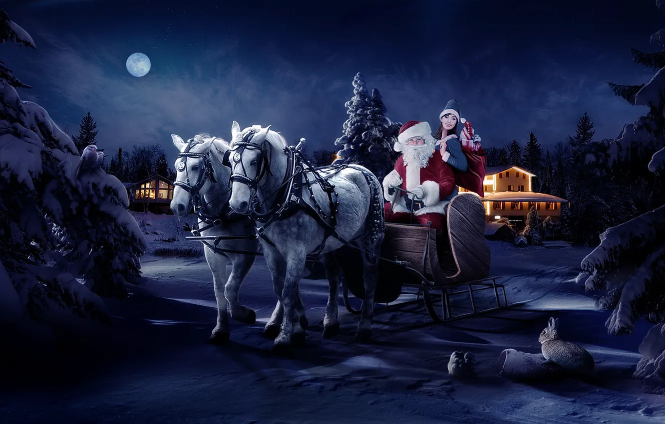 Photo wallpaper night, the moon, horse, new year, Santa Claus