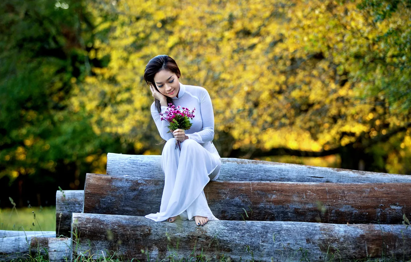 Photo wallpaper girl, flowers, Asian