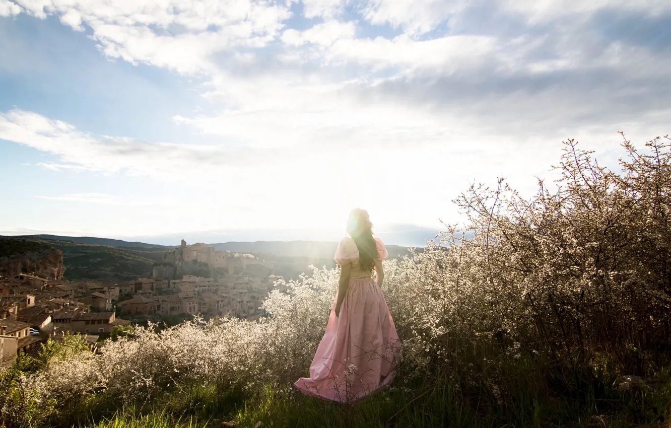Photo wallpaper the sky, girl, landscape, nature, romance, dal, dress, long hair