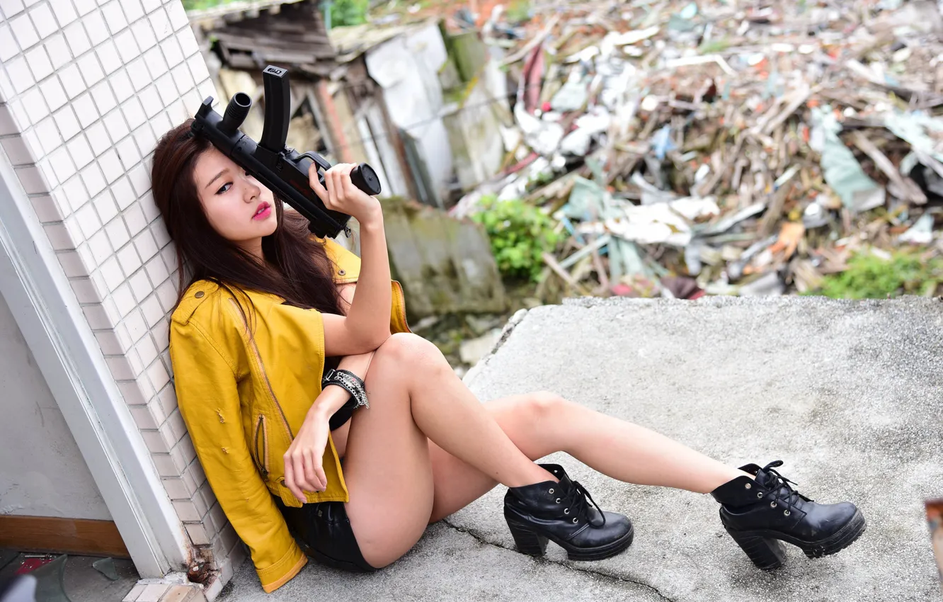 Photo wallpaper girl, background, shoes, machine, legs, sitting