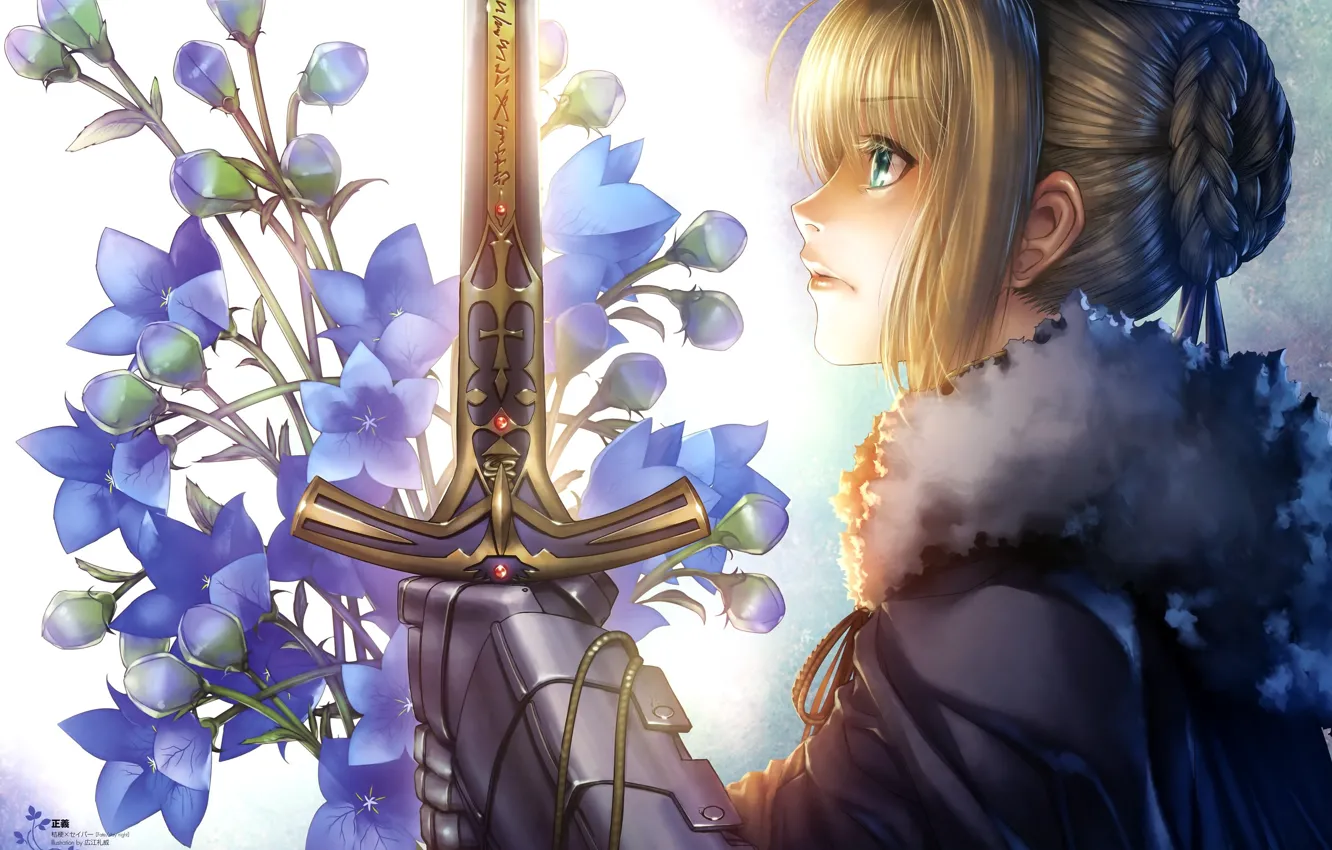 Photo wallpaper girl, flowers, sword, knight, buds, the saber, Artoria Pendragon, Fate stay night