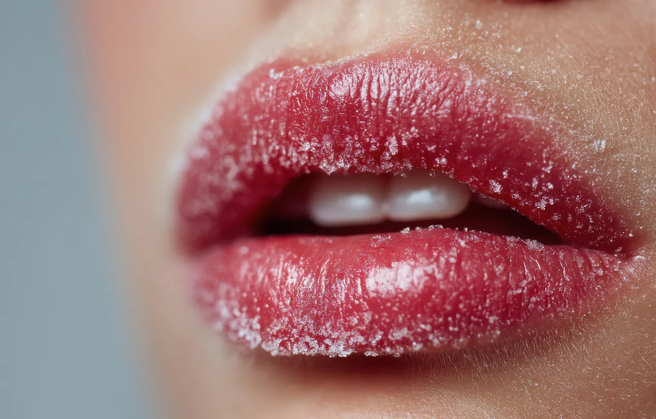 Photo wallpaper girl, macro, face, teeth, lips, sugar, pink, AI art