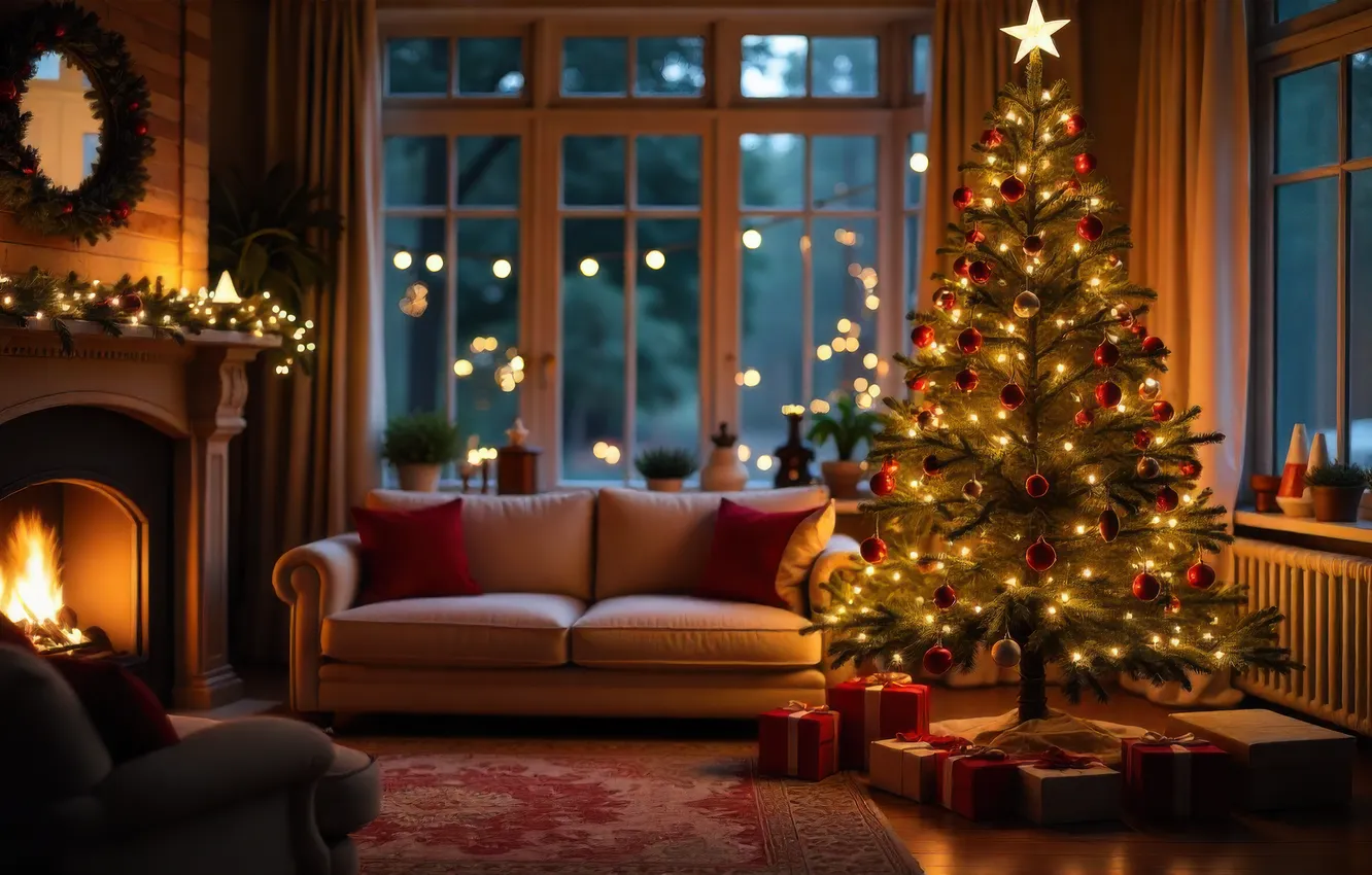 Photo wallpaper balls, room, sofa, new year, interior, window, Christmas, fireplace