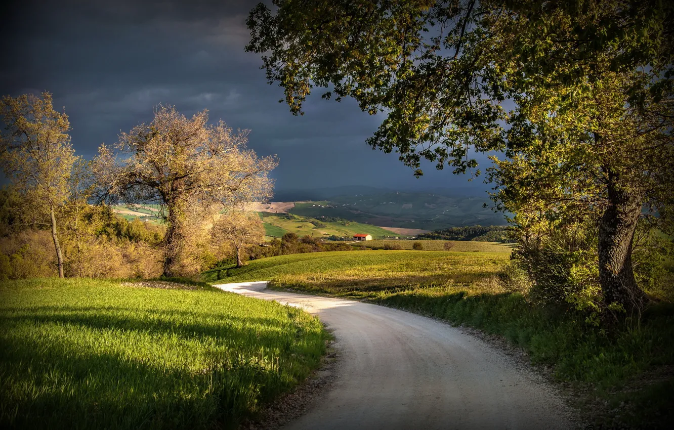 Photo wallpaper road, clouds, Italy, shadows, Strada, Macerata, San Severino