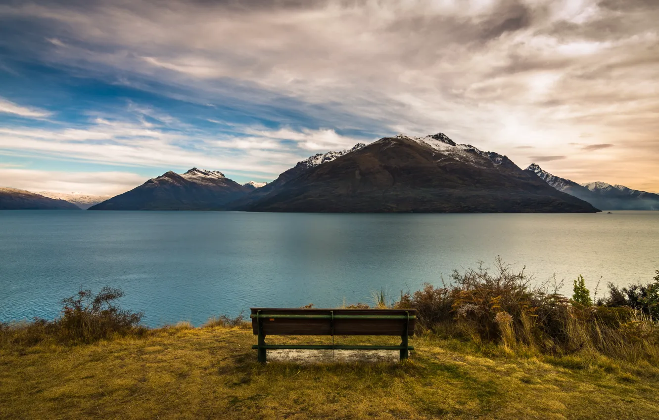 Photo wallpaper New Zealand, lake, Queenstown, bench