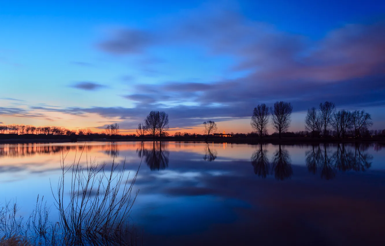 Photo wallpaper the sky, water, clouds, trees, sunset, surface, reflection, river