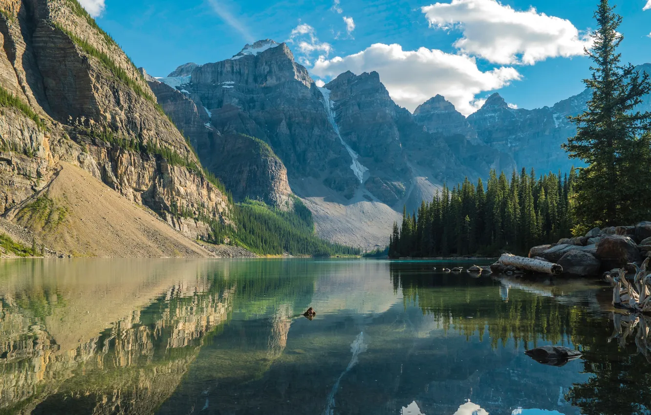 Photo wallpaper the sky, trees, mountains, lake, reflection, stones, vegetation, tops