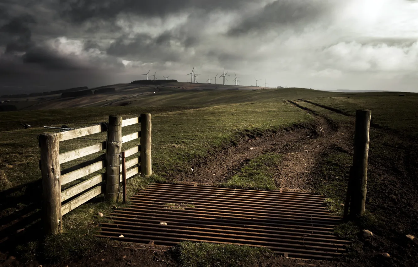 Photo wallpaper field, bridge, windmills