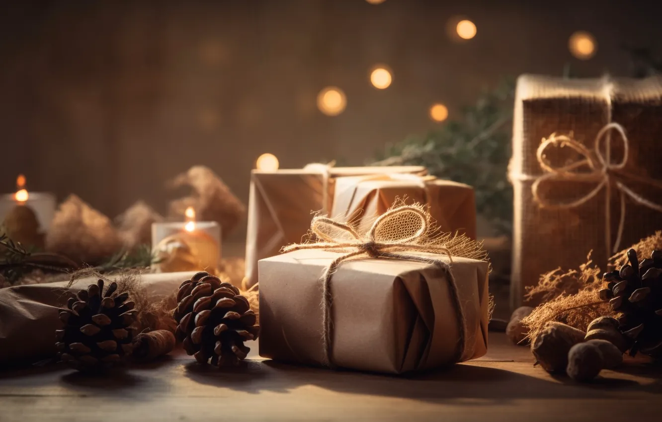 Photo wallpaper box, gift, Board, new year, candles, Christmas, bumps, bundle