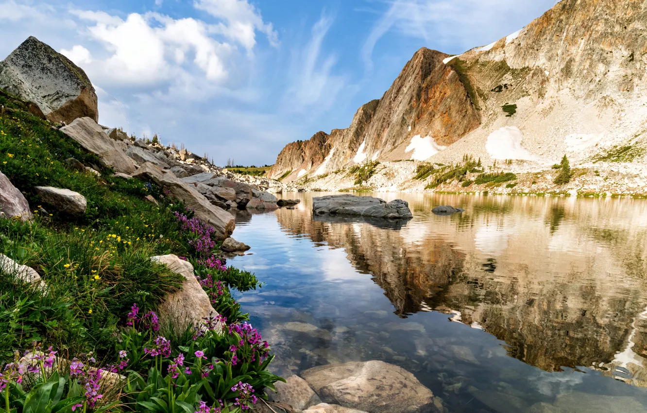 Photo wallpaper water, landscape, mountains, nature, stones, vegetation, Wyoming, USA