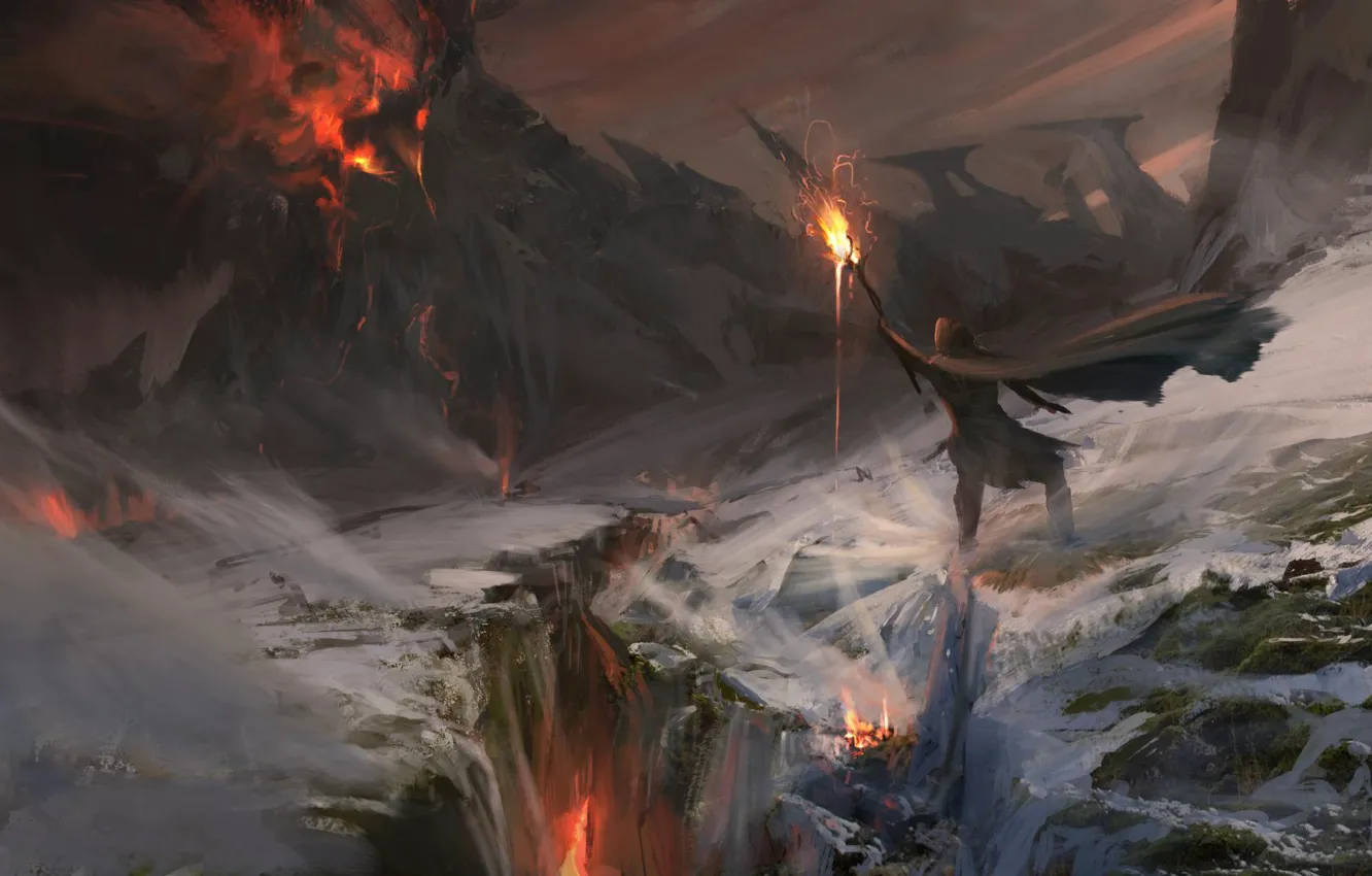 Photo wallpaper fire, flame, fantasy, magic, art, mountain, snow, lava