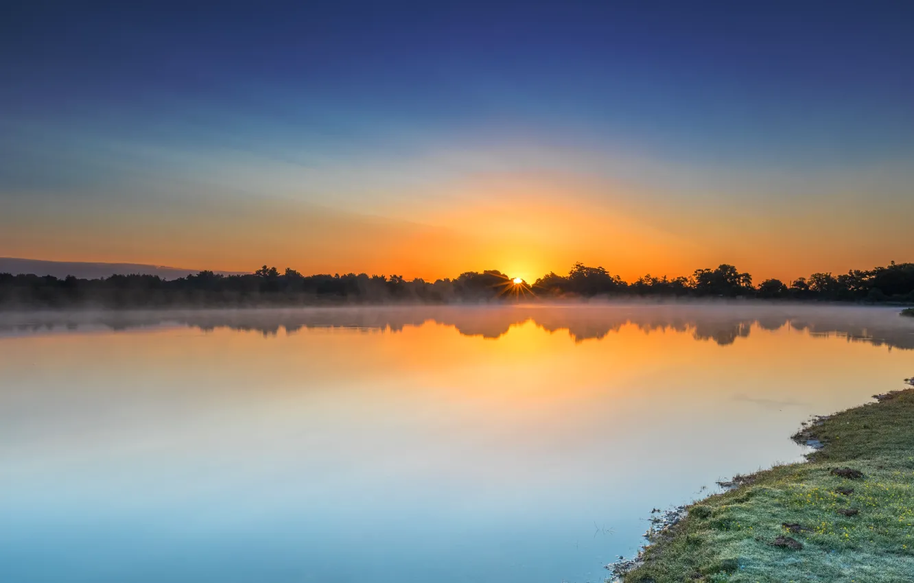 Photo wallpaper summer, the sky, the sun, trees, sunset, fog, lake, reflection