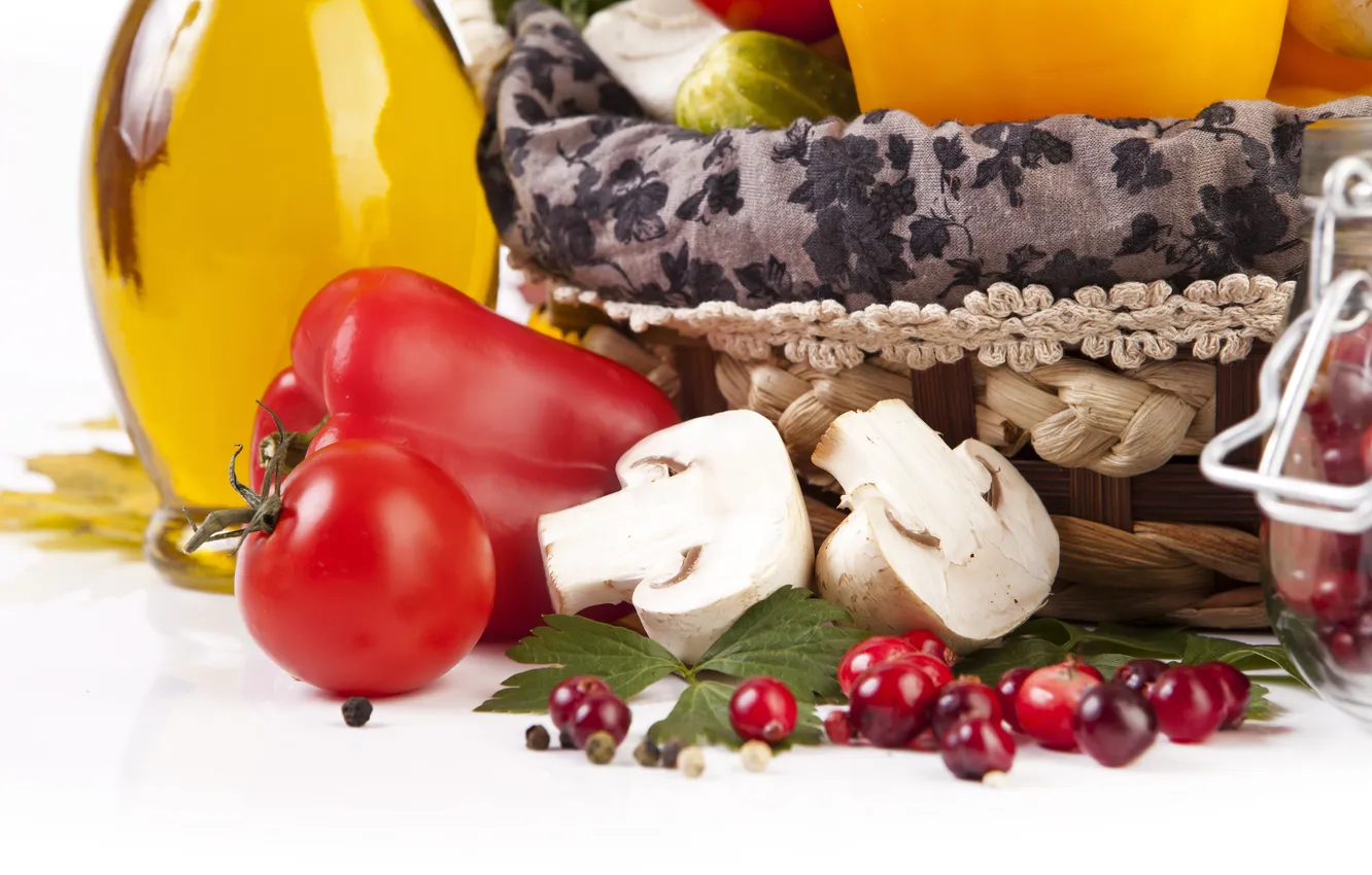 Photo wallpaper berries, basket, mushrooms, oil, cucumber, pepper, vegetables, tomato