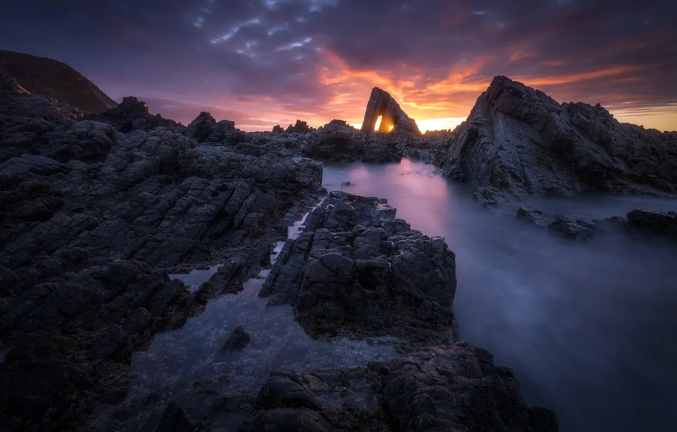 Photo wallpaper sea, night, rocks