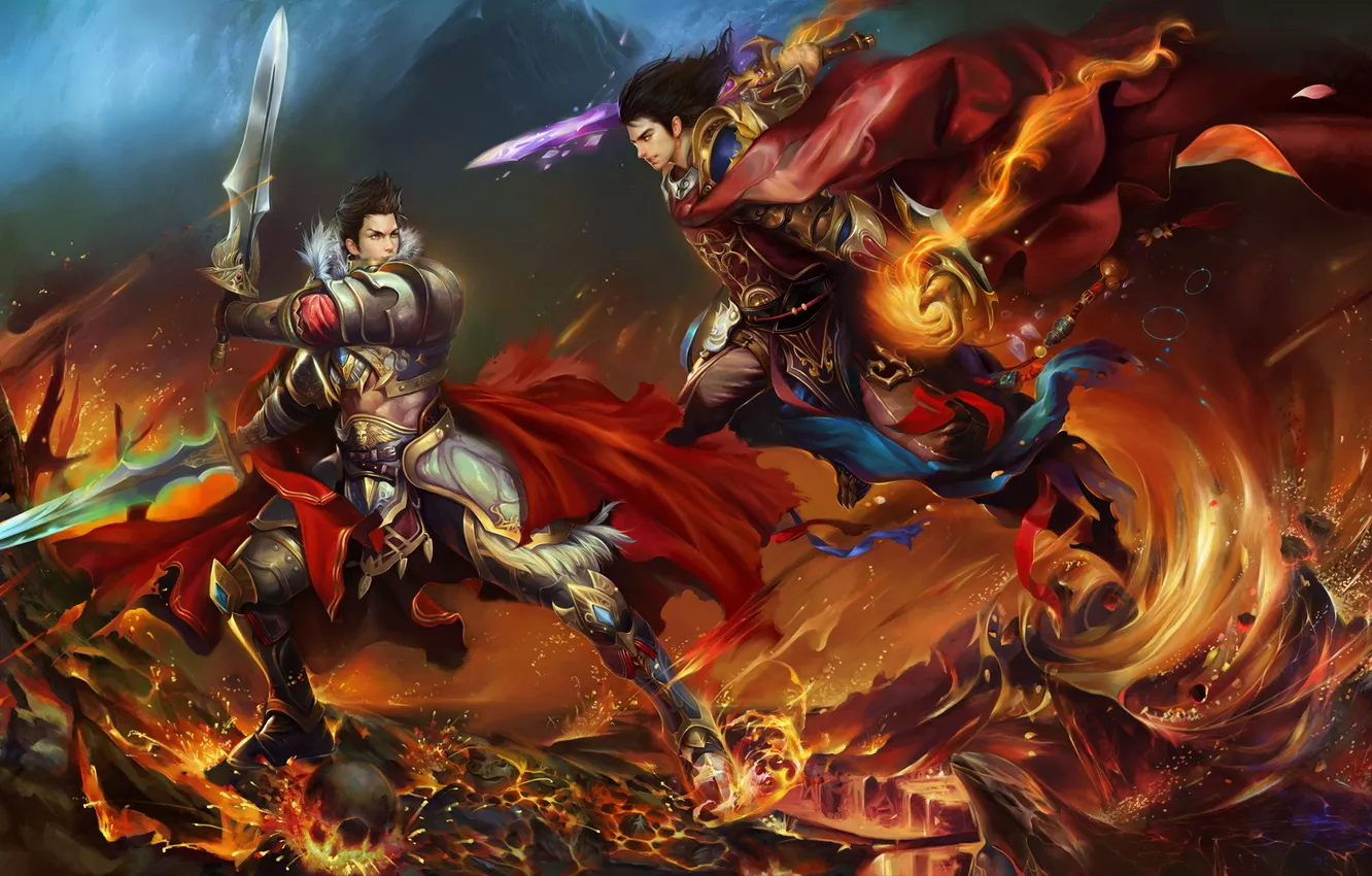 Photo wallpaper lights, weapons, magic, skull, sword, lava, battle, guy