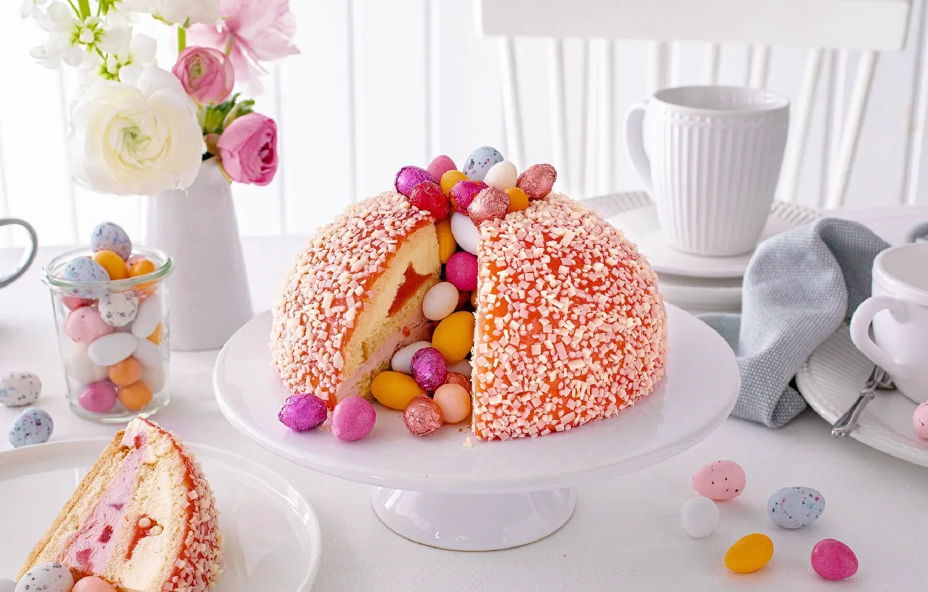 Photo wallpaper cake, Easter eggs, on the table, Ranunculus, Easter cake