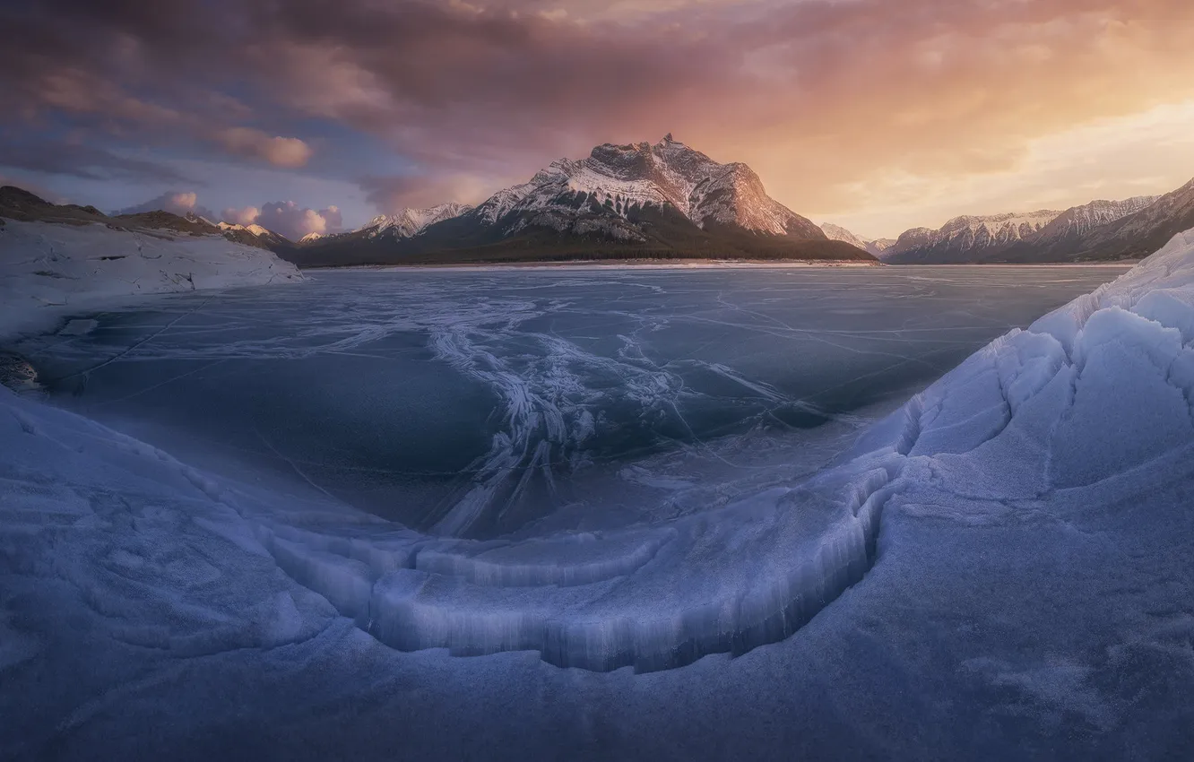 Photo wallpaper ice, winter, clouds, snow, mountains, lake, rocks, shore
