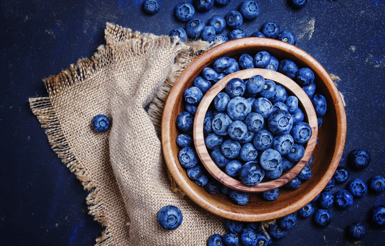 Photo wallpaper berries, placer, a lot, burlap, blue background, blueberries, bowls
