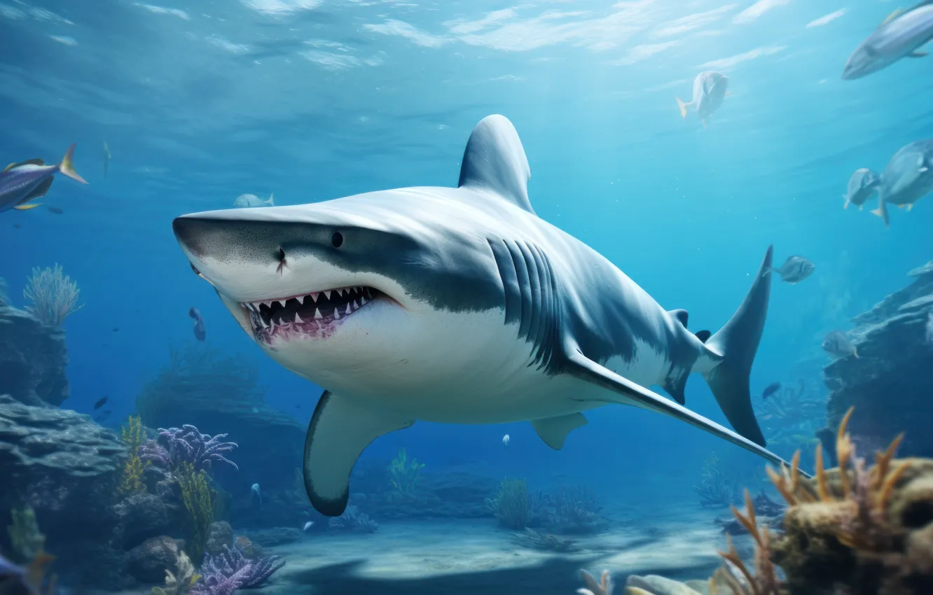 Photo wallpaper sea, water, fish, predator, shark, corals, mouth, underwater world