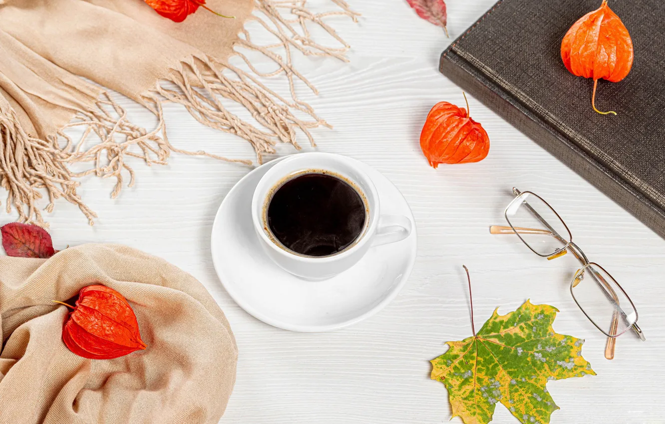 Photo wallpaper autumn, sheet, coffee, glasses, Cup, physalis
