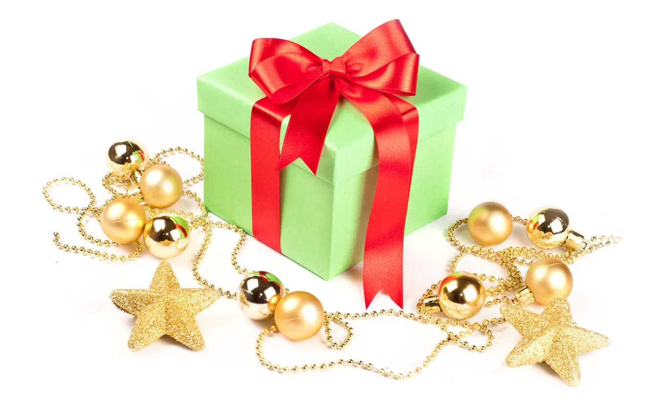 Photo wallpaper box, gift, balls, tape, stars, Christmas decorations