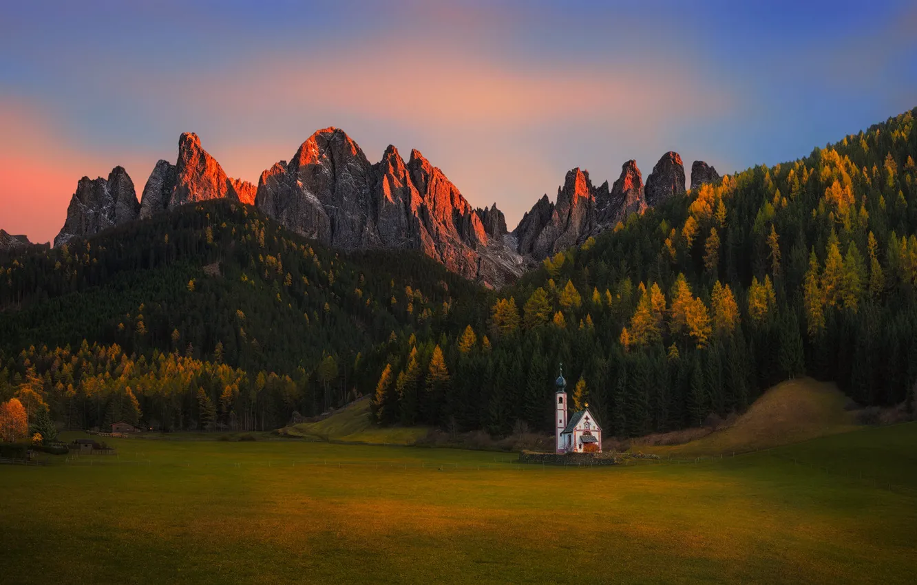 Photo wallpaper forest, Alps, Church