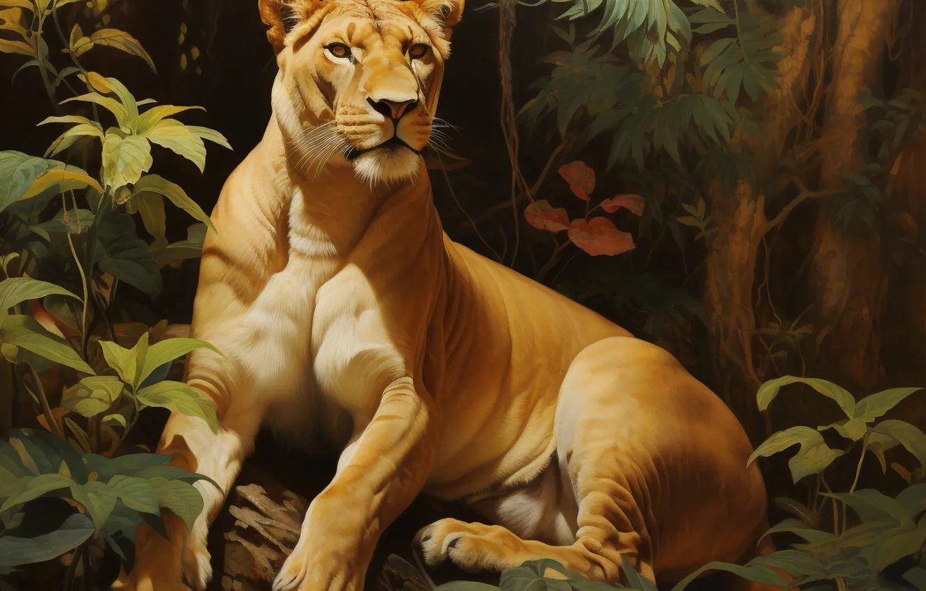 Photo wallpaper look, trees, lioness, big cat, predator, digital art, AI art, The Art of Artificial Intelligence