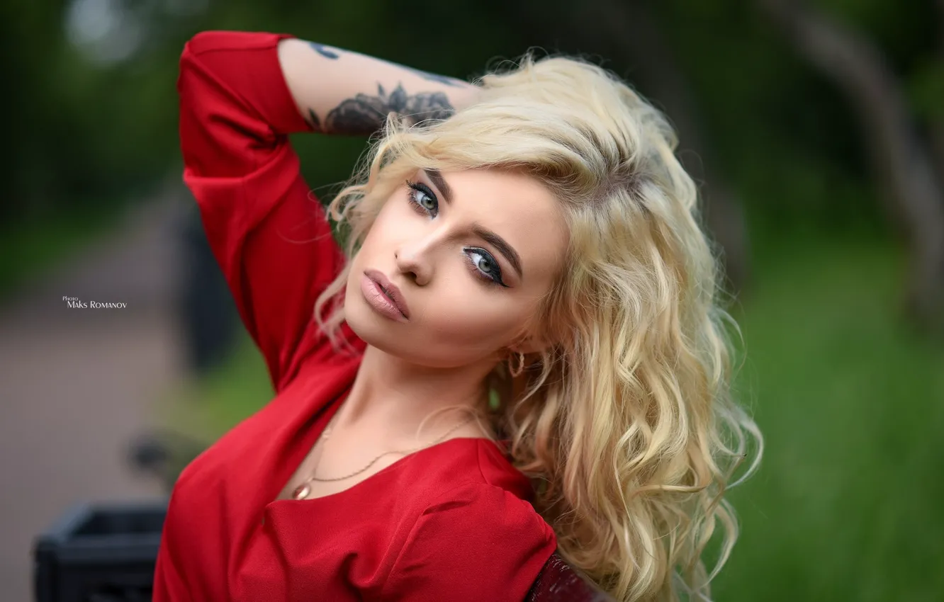 Photo wallpaper look, pose, background, model, portrait, makeup, dress, tattoo